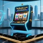 Cityscape Background with Neon-lit Floating Slot Machine