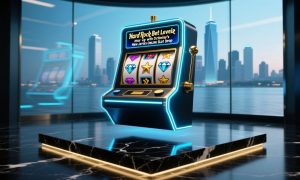Cityscape Background with Neon-lit Floating Slot Machine