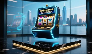 Cityscape Background with Neon-lit Floating Slot Machine