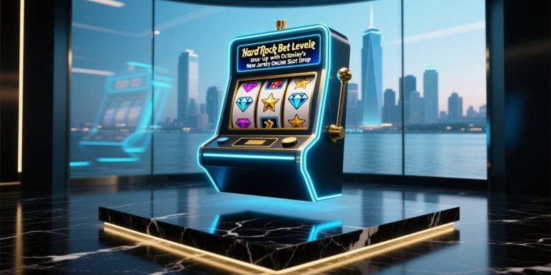 Cityscape Background with Neon-lit Floating Slot Machine