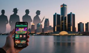 Hand Holds Mobile Online Casino With 4 Dark Figures In Michigan Cityscape