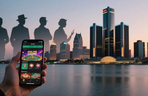 Hand Holds Mobile Online Casino With 4 Dark Figures In Michigan Cityscape