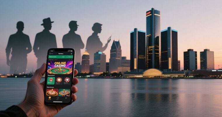Hand Holds Mobile Online Casino With 4 Dark Figures In Michigan Cityscape