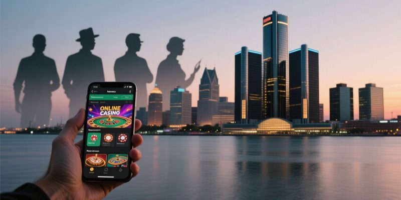 Hand Holds Mobile Online Casino With 4 Dark Figures In Michigan Cityscape