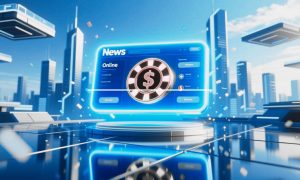 Casino Chip with Dollar Sign Displayed on Computer Screen inside Digital Futuristic Cityscape
