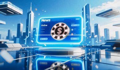 Casino Chip with Dollar Sign Displayed on Computer Screen inside Digital Futuristic Cityscape