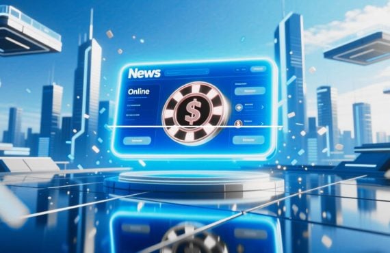 Casino Chip with Dollar Sign Displayed on Computer Screen inside Digital Futuristic Cityscape