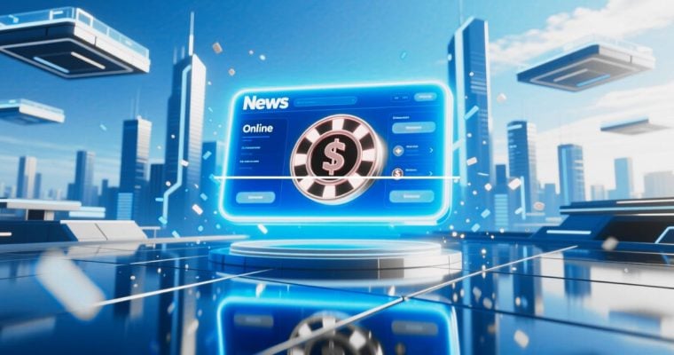 Casino Chip with Dollar Sign Displayed on Computer Screen inside Digital Futuristic Cityscape