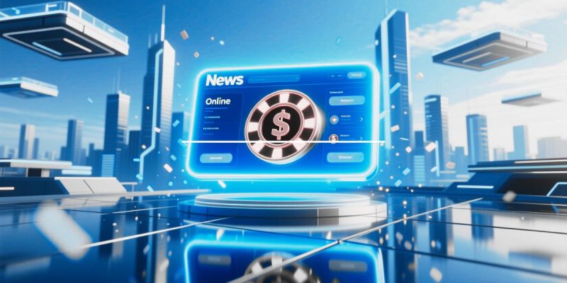 Casino Chip with Dollar Sign Displayed on Computer Screen inside Digital Futuristic Cityscape