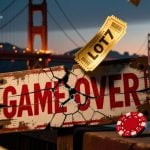 Gold Sweepstakes Ticket With Game Over Sign Hangs In Front of Golden Gate Bridge Landscape