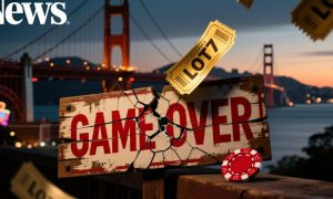 Gold Sweepstakes Ticket With Game Over Sign Hangs In Front of Golden Gate Bridge Landscape