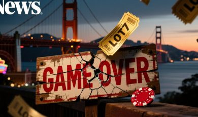 Gold Sweepstakes Ticket With Game Over Sign Hangs In Front of Golden Gate Bridge Landscape