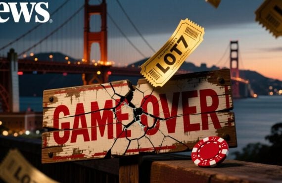 Gold Sweepstakes Ticket With Game Over Sign Hangs In Front of Golden Gate Bridge Landscape