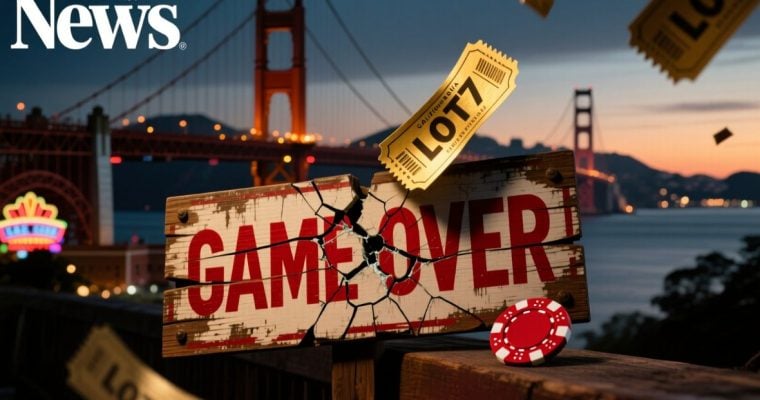 Gold Sweepstakes Ticket With Game Over Sign Hangs In Front of Golden Gate Bridge Landscape