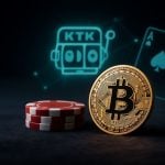 Red/White Casino Chips Adjacent Gold Bitcoin with Electronic Slot Graphic