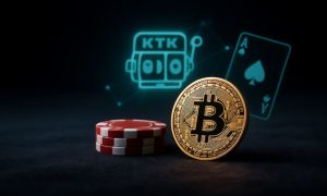 Red/White Casino Chips Adjacent Gold Bitcoin with Electronic Slot Graphic