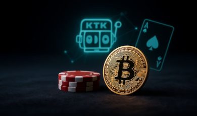 Red/White Casino Chips Adjacent Gold Bitcoin with Electronic Slot Graphic