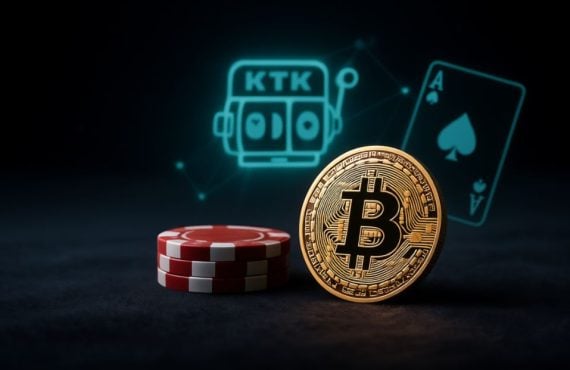 Red/White Casino Chips Adjacent Gold Bitcoin with Electronic Slot Graphic