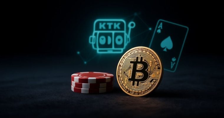 Red/White Casino Chips Adjacent Gold Bitcoin with Electronic Slot Graphic