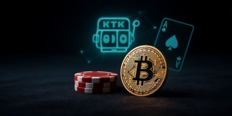 Red/White Casino Chips Adjacent Gold Bitcoin with Electronic Slot Graphic