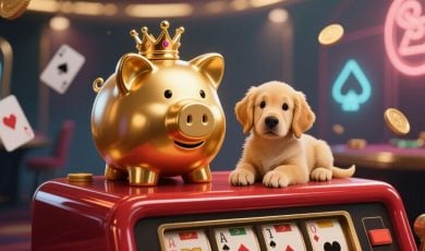 Golden Pig & Puppy Sit On Top Of Slot Game Inside Casino