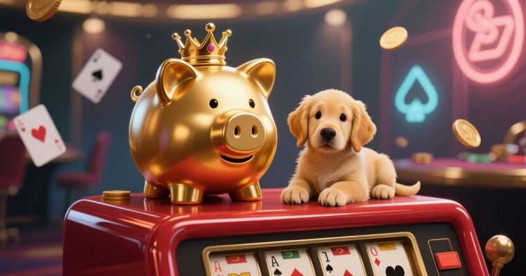 Golden Pig & Puppy Sit On Top Of Slot Game Inside Casino