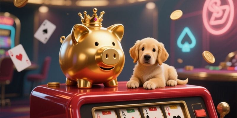 Golden Pig & Puppy Sit On Top Of Slot Game Inside Casino