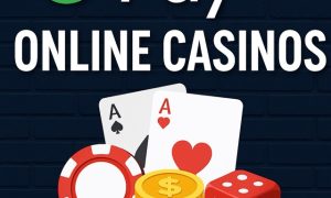 Google Pay online casinos graphic showing the Google Pay logo above the words 'ONLINE CASINOS,' with casino elements like playing cards, poker chips, gold coins, and a red dice on a dark blue brick background.
