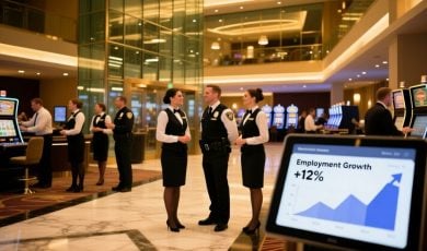 Shiny New Pennsylvania Casino Lobby with Happy Employees Inside
