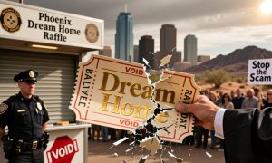 AZ Cityscape background with Dream Home Raffle Ticket Foreground
