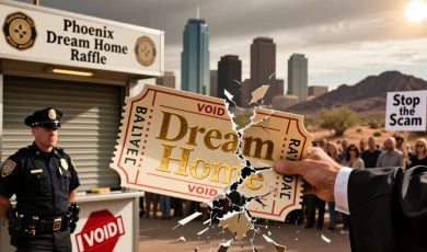 AZ Cityscape background with Dream Home Raffle Ticket Foreground
