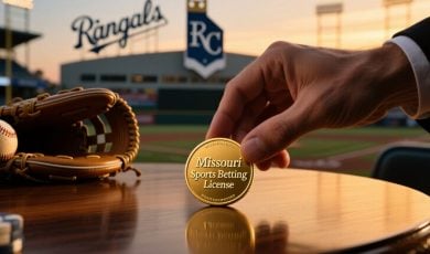 Baseball Field Backdrop with Man Holding Gold Coin Next to Baseball Glove