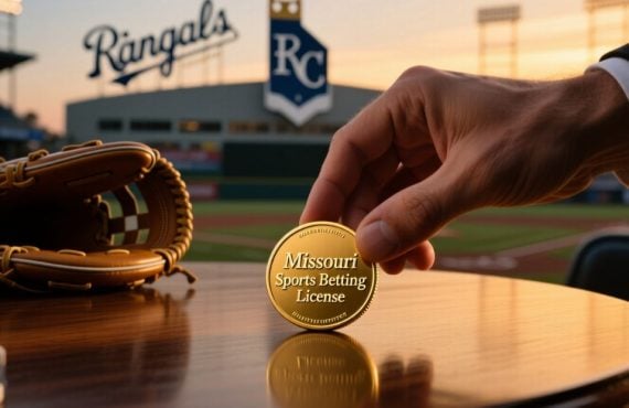 Baseball Field Backdrop with Man Holding Gold Coin Next to Baseball Glove
