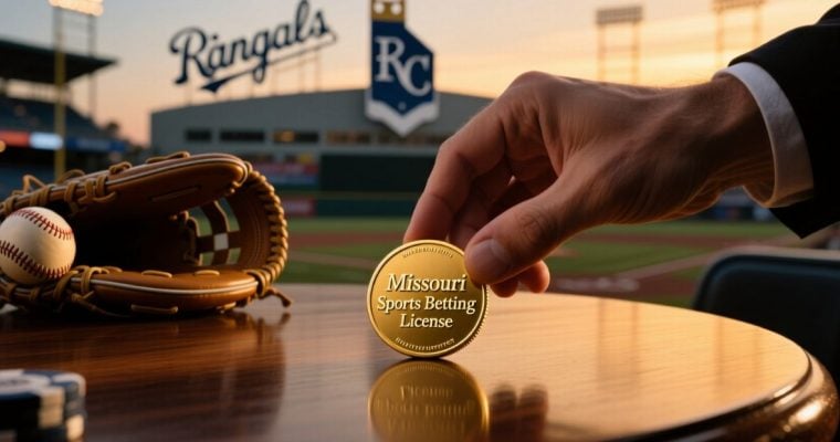Baseball Field Backdrop with Man Holding Gold Coin Next to Baseball Glove