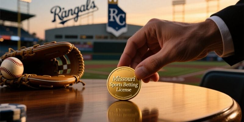 Baseball Field Backdrop with Man Holding Gold Coin Next to Baseball Glove