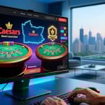 Pennsylvania Cityscape Background with Desktop Displaying Online Blackjack Game