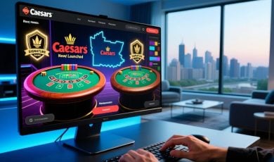 Pennsylvania Cityscape Background with Desktop Displaying Online Blackjack Game
