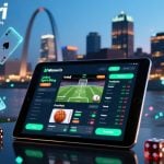 Tablet Displays Online Sports Betting with Missouri Cityscape Background