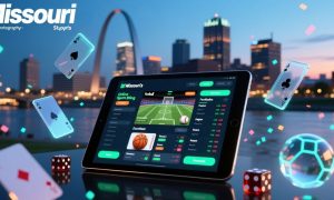 Tablet Displays Online Sports Betting with Missouri Cityscape Background