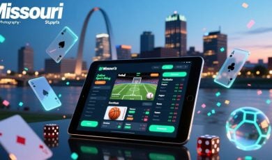Tablet Displays Online Sports Betting with Missouri Cityscape Background