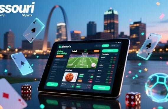 Tablet Displays Online Sports Betting with Missouri Cityscape Background
