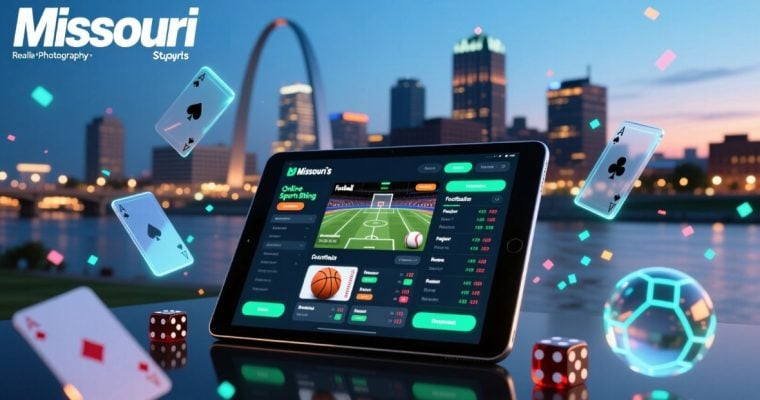 Tablet Displays Online Sports Betting with Missouri Cityscape Background