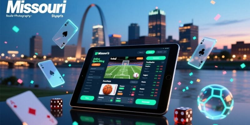 Tablet Displays Online Sports Betting with Missouri Cityscape Background