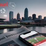 Missouri Cityscape Background with Newspaper and Mobile Sports Betting App Foreground