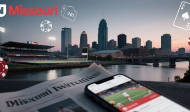 Missouri Cityscape Background with Newspaper and Mobile Sports Betting App Foreground