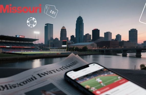 Missouri Cityscape Background with Newspaper and Mobile Sports Betting App Foreground