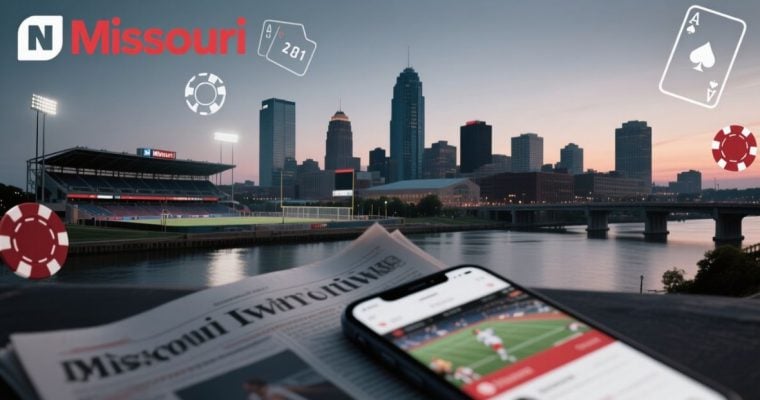 Missouri Cityscape Background with Newspaper and Mobile Sports Betting App Foreground