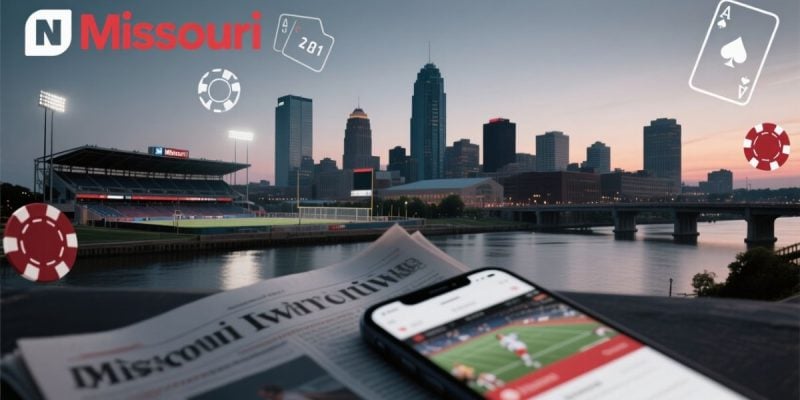 Missouri Cityscape Background with Newspaper and Mobile Sports Betting App Foreground