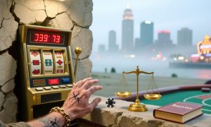 Man's Cracked Hands Reach for Gaming Chip With NJ Cityscape Background