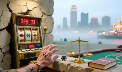 Man's Cracked Hands Reach for Gaming Chip With NJ Cityscape Background